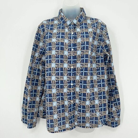 J. McLaughlin Button Down Shirt Women XL Blue Tan Geometric Cotton Long Sleeve - Picture 1 of 9